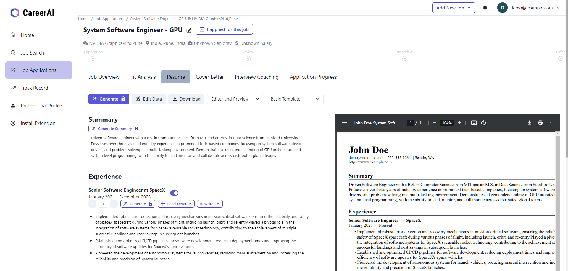 MyCareerAI job application workspace